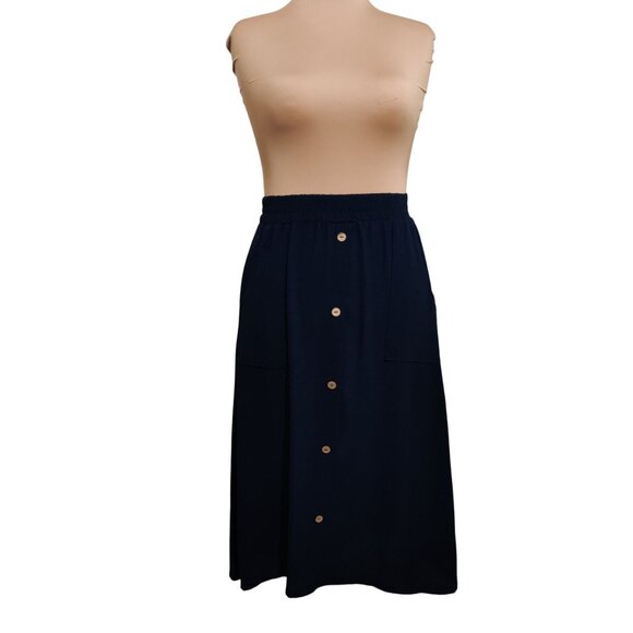 Emi & Joe L Navy Blue Midi Skirt Pockets Button Detail Flowy Boho Chic Preppy - Picture 3 of 9